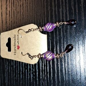Purple Fancy Metallic and Teardrop Crystal Glass Beaded Earrings in Copper